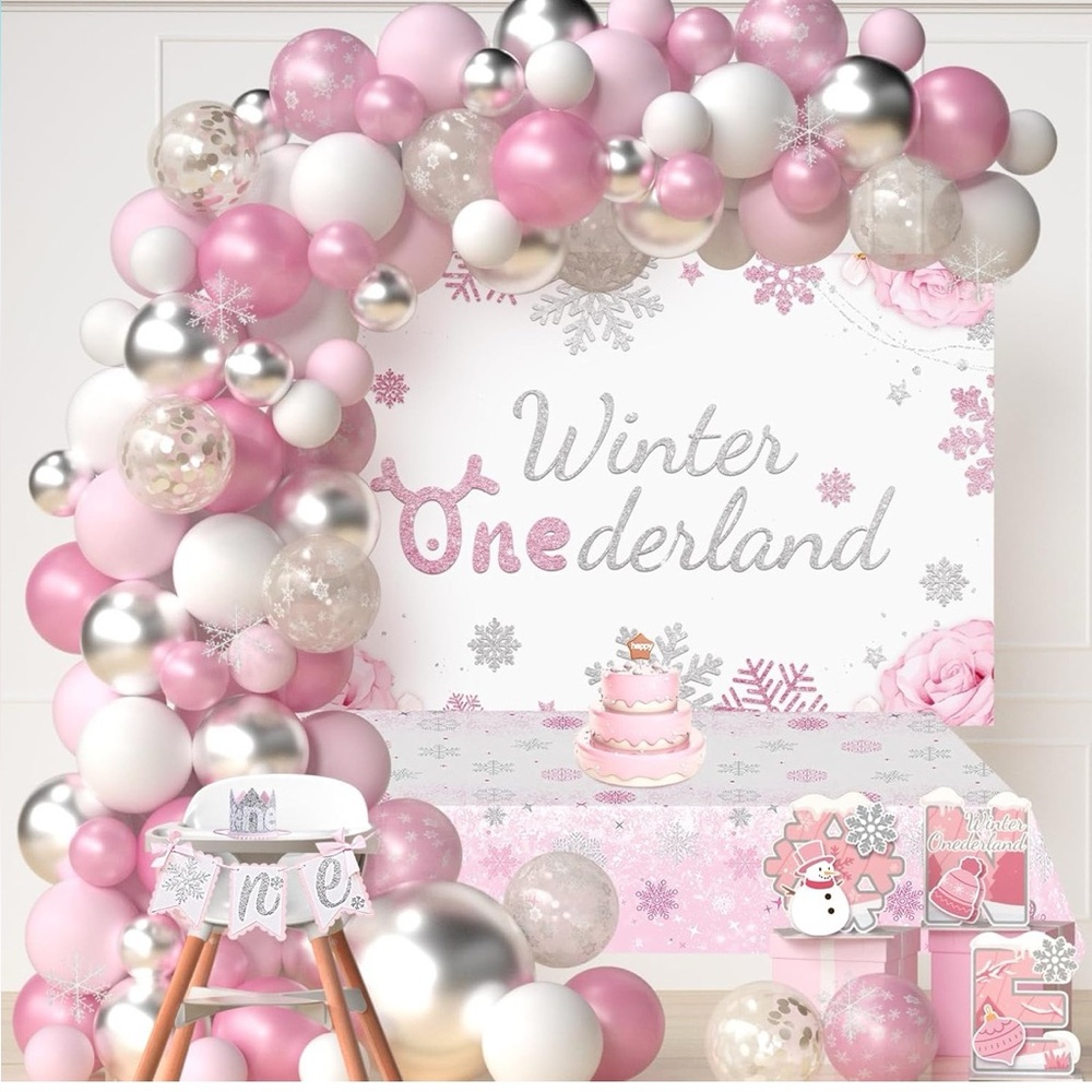 Winter Onederland Girls Pink and Silver Balloon ArchKit/Party Supplies